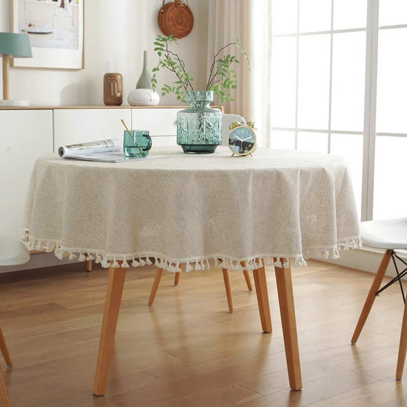 AMZALI Cotton Linen Fabric Tassel Round Tablecloth Dust-Proof Table Cover for Kitchen Dinning Tabletop Home Decoration (60 Inch, Linen) - Image 2